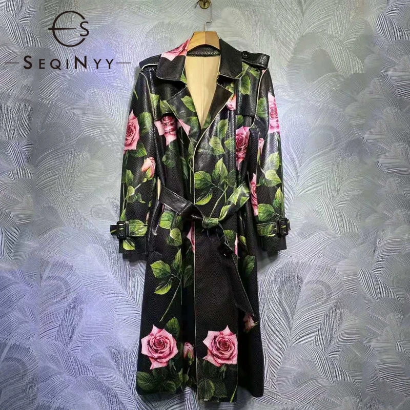 

Женский плащ с розами SEQINYY, длинный плащ с поясом, весна-осень 2021