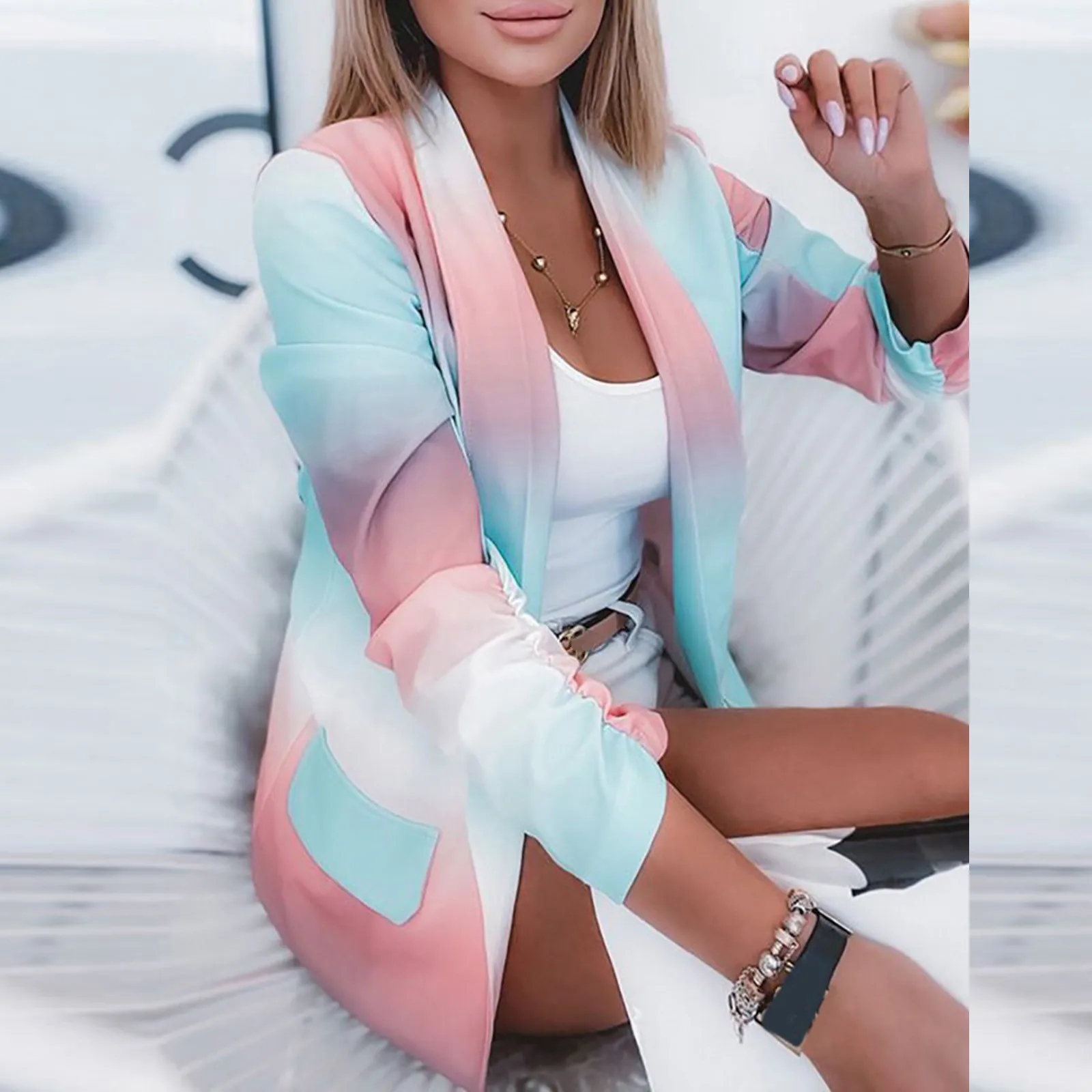 

Модные женские блейзеры с принтом на завязках, женские повседневные пальто с длинным рукавом и карманами, женские осенне-зимние топы, женск...