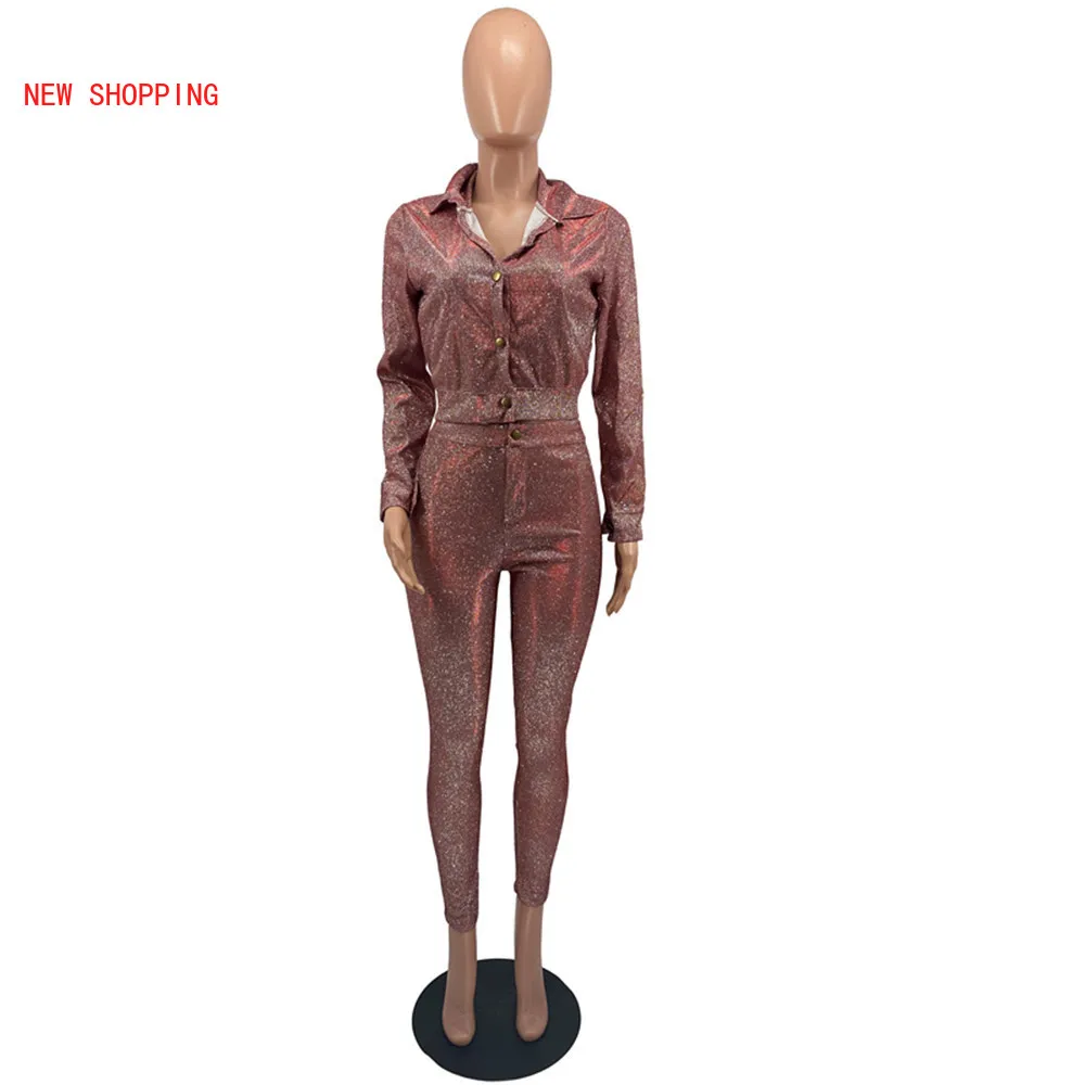 

Autumn Winter New Shiny Material Short Shirt Waist Trousers Bodycon Outfits Street Clubwear Casual Sexy Two-Piece Set
