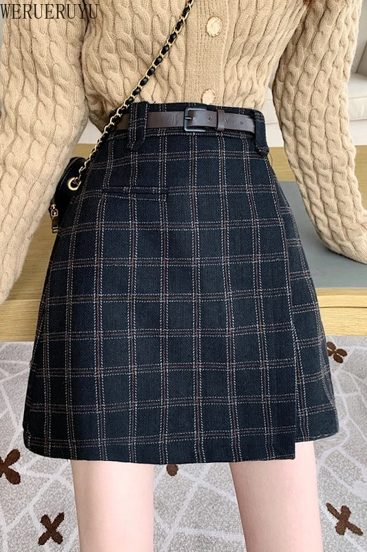 

WERUERUYU2020 Women'S Autumn And Winter Harajuku Thickened Woolen Plaid Retro Skirt Female Cute Japanese Kawaii Skirts For Women
