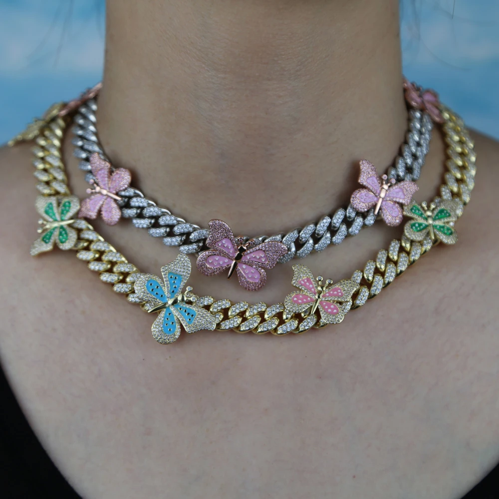 

16'' 18'' Pink Pastel Enamel Butterfly Charm 12mm Iced Out Bling CZ Cuban Chain Choker Necklace Fashion Women Colorful Jewelry
