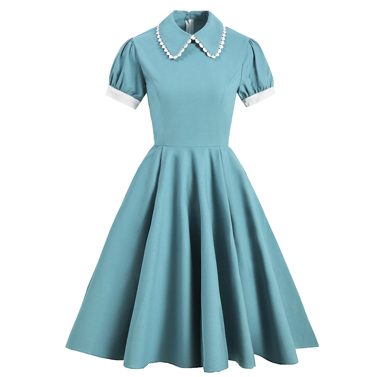 Solid Blue Vintage Swing Dress With Pocket Women Summer Retro 40s 50s 60s Pin Up Rockabilly Party Midi Dress Robe Vestidos