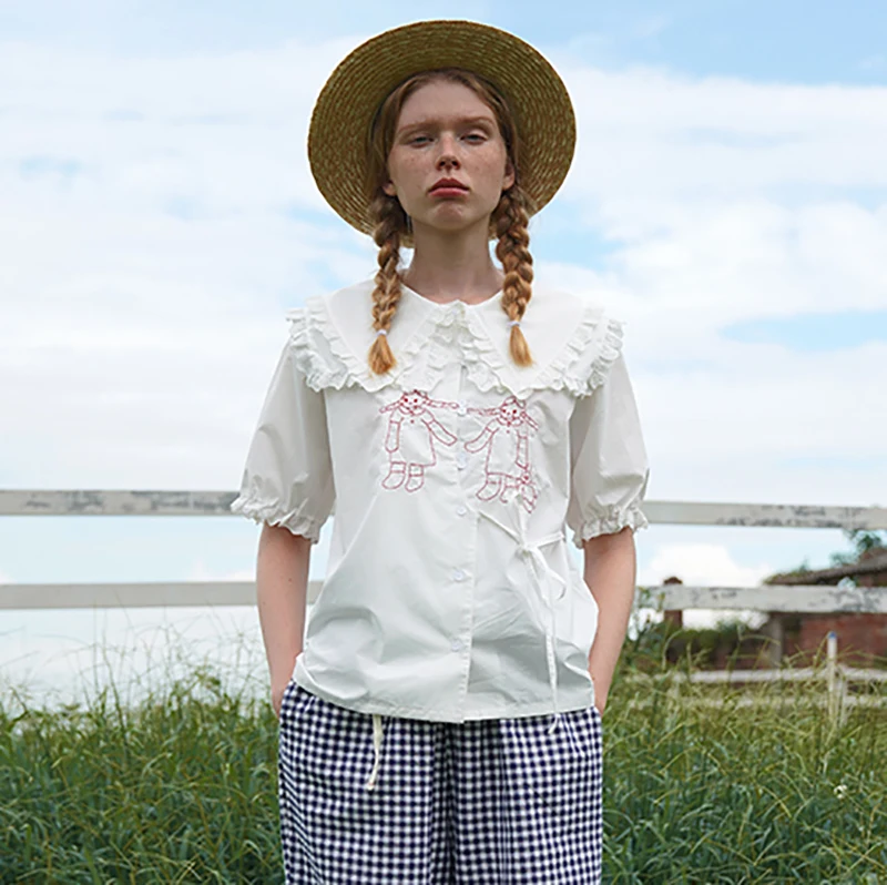 Элегантная Милая Белая Блузка для женщин Летний Новый дизайн с коротким рукавом