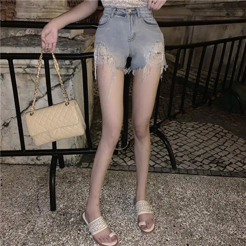 Korean Style Solid Tassel Diamond Chain Female Denim Shorts Women High Waist Wide-leg Loose Hole Jeans Short 2020 Fashion | Женская