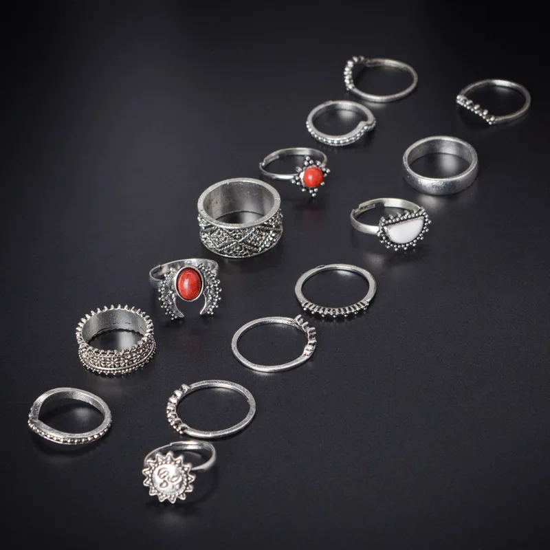 

14PCs Beach Natural Turquoise Ring Bohemian Style Knuckle Ring Whole Sale Rings for Women