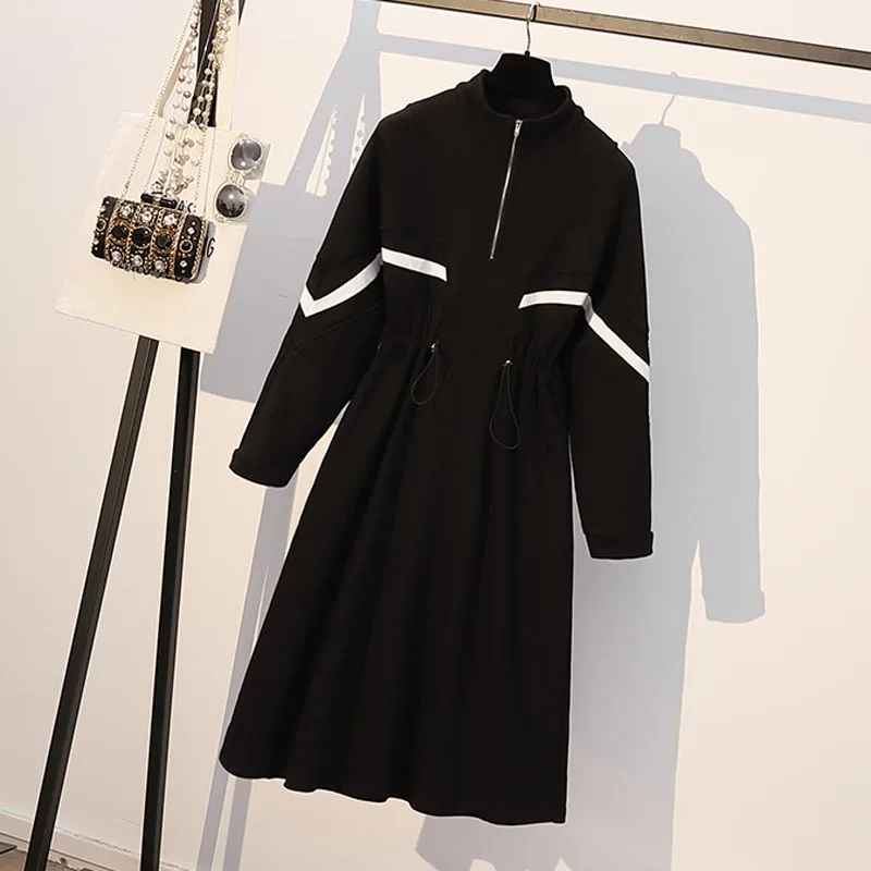 Black White Большие размеры, XL-5XL, модное Спортивное платье, женские толстовки контрастного цвета, с длинными рукавами, Осень-зима, ТРАПЕЦИЕВИДНОЕ черно-белое платье, спортивная одежда - Цвет: Black White