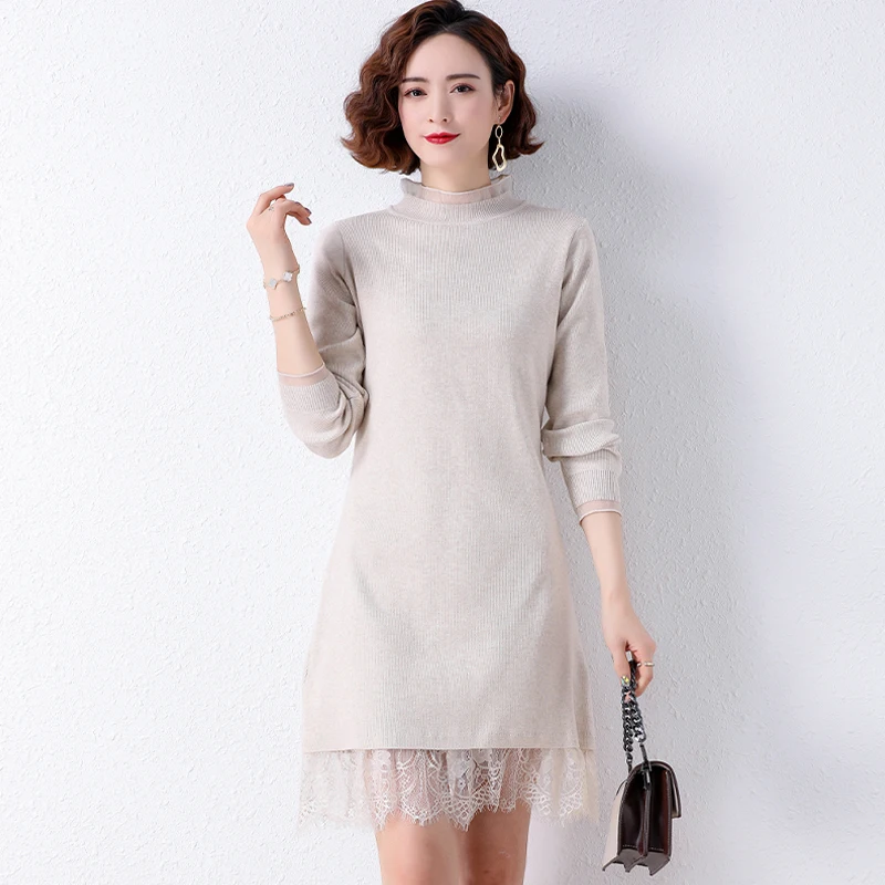 

Black White Lace Patchwork Knitted Dress Women Spring Autumn Long Sleeve Knee Length One Piece Knitwear Soft Classy Chic Robe