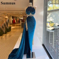 sumnus velour blue prom dress appliques lace tiered sexy party formal dress plus size slit elegant floor length evening gown