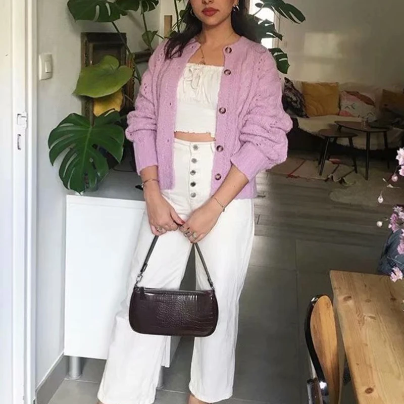 Повседневный однобортный вязаный свитер женский теплый осенне-зимний открытый