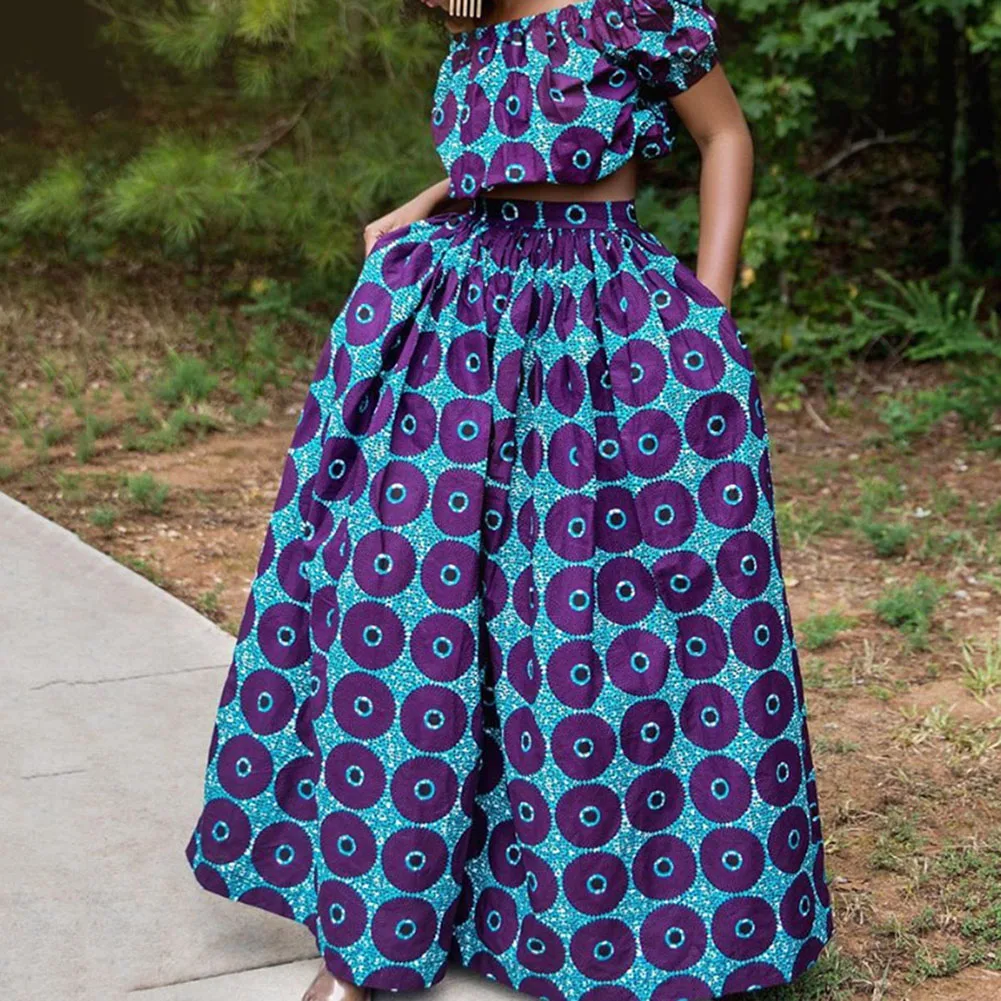 

2020 размера плюс африканские платья для женщин Дашики костюм из двух частей топ с открытыми плечами широкие брюки одежда Bazin Riche Vestidos