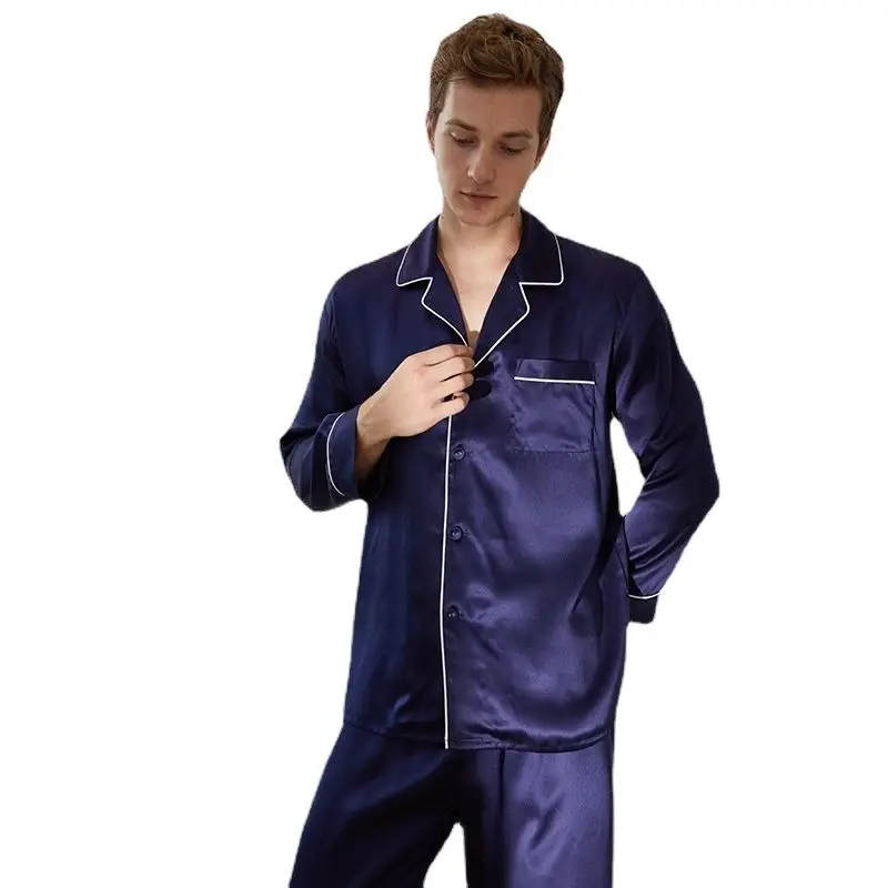 Men's Long Sleeve Trousers Silk Pajamas Set Summer 100% Mulberry Silk Home Clothes AvailableM Ale