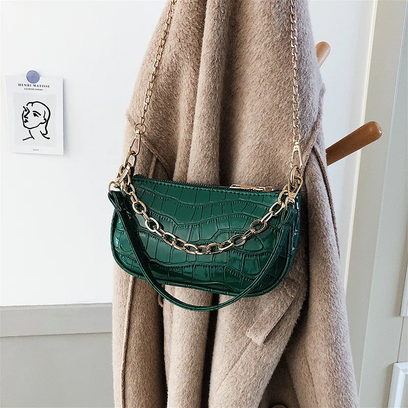 

Small Bag Female 2021 New Trendy Texture Messenger Bag Fashion Underarm Vintage Casual Deep Green Crossbody Chain Baguette Bag