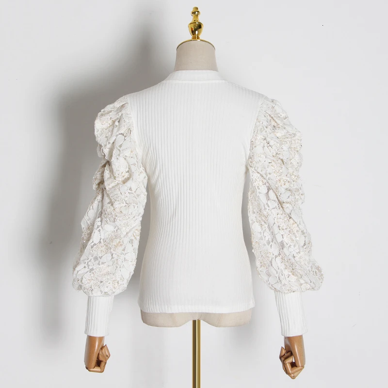 Женский свитер CHICEVER вязаный с О-образным вырезом и рукавом-фонариком рюшами |