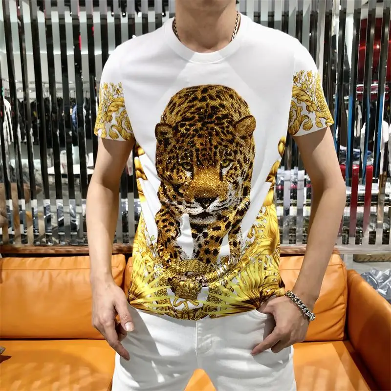 

Мужская футболка с коротким рукавом, леопардовая футболка с круглым вырезом, в европейском стиле, лето 2021