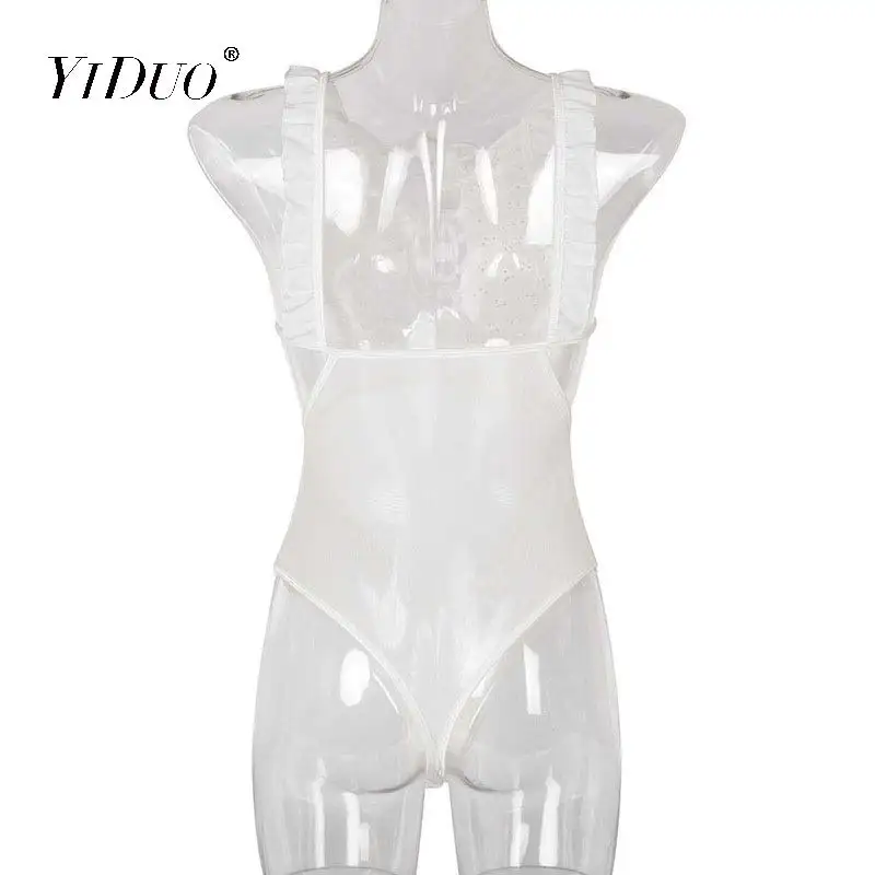 

YiDuo Ruffles White Lace Mesh Bodysuit Sexy Hollow Out Club Party Wear Women Floral Print Body Top Fit Jumpsuit Rompers 2020