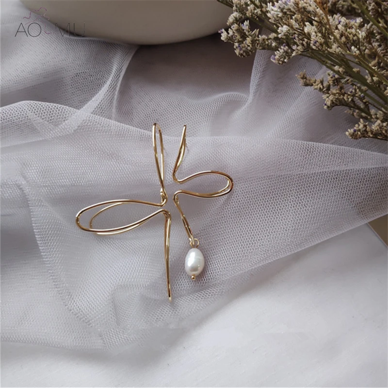 Женские витые серьги бабочки AOMU новые модные металлические с бабочкой и жемчугом