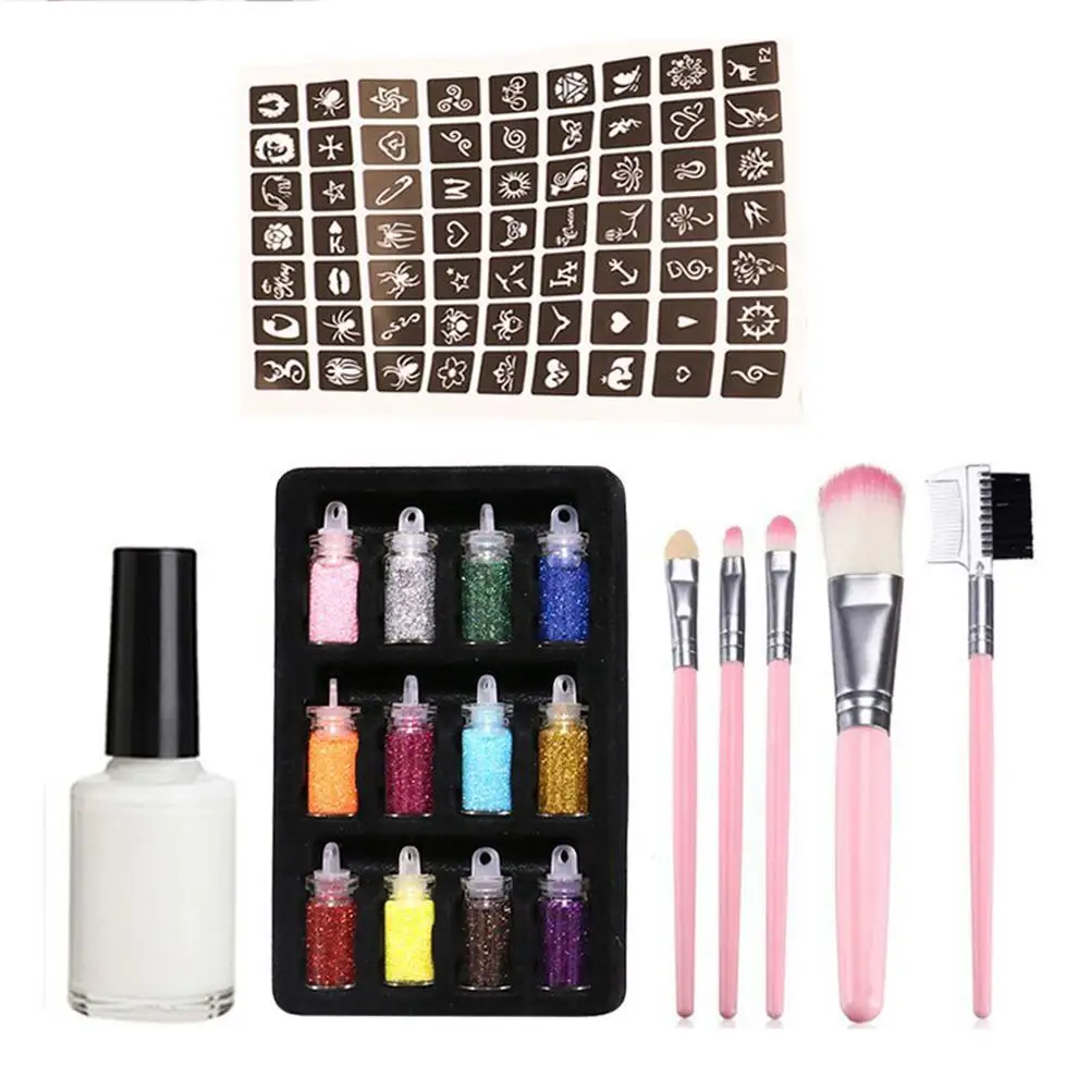 

New Flash Temporary Tattoo Set 12 Flash Powder 1 Templates 1 Glues 5 Brushes Children's Temporary Tattoo Set For Teens Adults