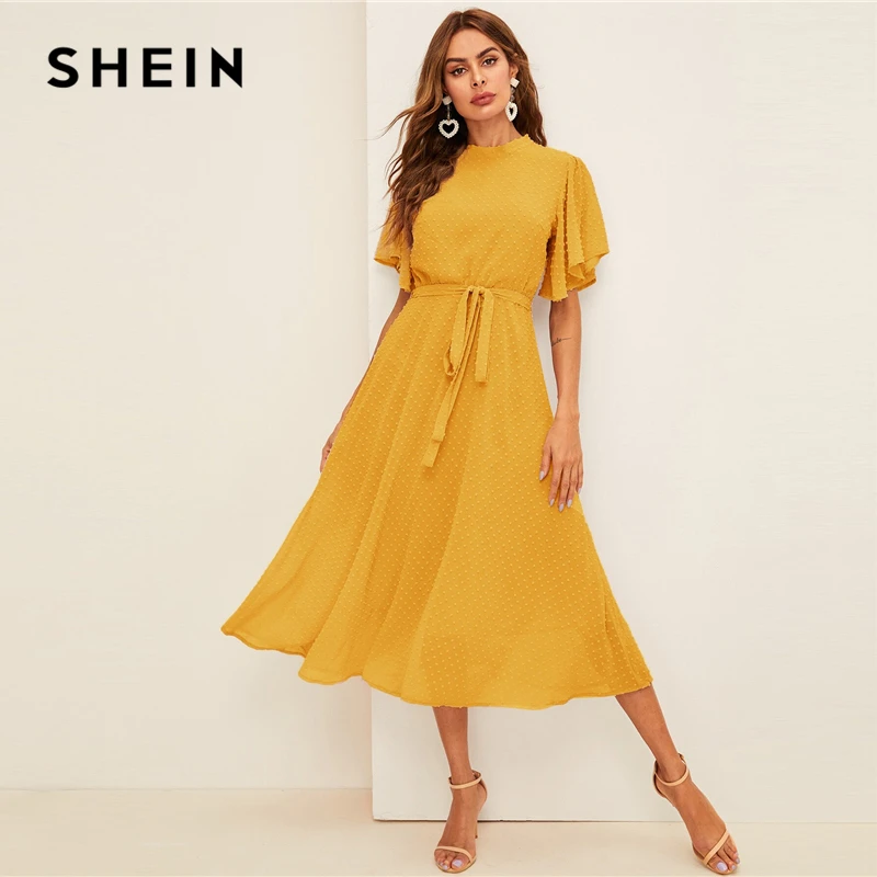 SHEIN платье с рукавами-крылышками в швейцарский горошек с поясом элегантное розовое Пастельное однотонное женское платье со стоячим воротником ТРАПЕЦИЕВИДНОЕ ПЛАТЬЕ С полурукавом