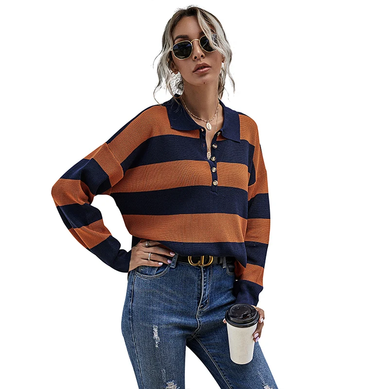 

Knitted Turn-Down Collar Striped Buttons Loose Style Casual Sweater For Women Autumn Pullover Clothes 2020