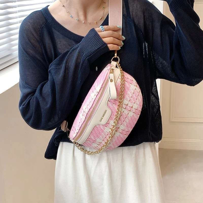 

Women Fanny Pack Girl Woolen Cloth Small Shoulder Bag for Women 2021 Phone Purse and Handbags Lady Travel Chain Chest Bag