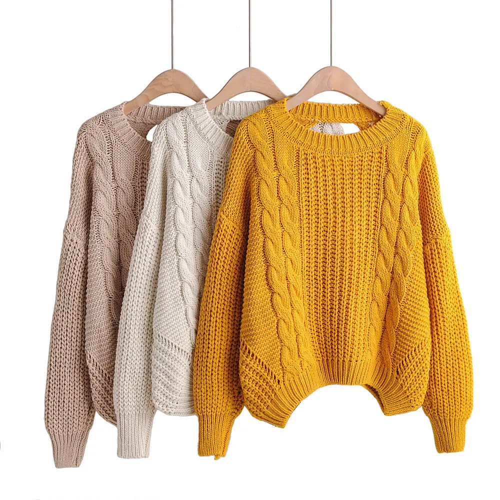 Casual Coarse Needle Knitting Sweater Back Hollow Out Yellow 2019 Autumn Winter Knitted Tops Loose Pullovers | Женская одежда