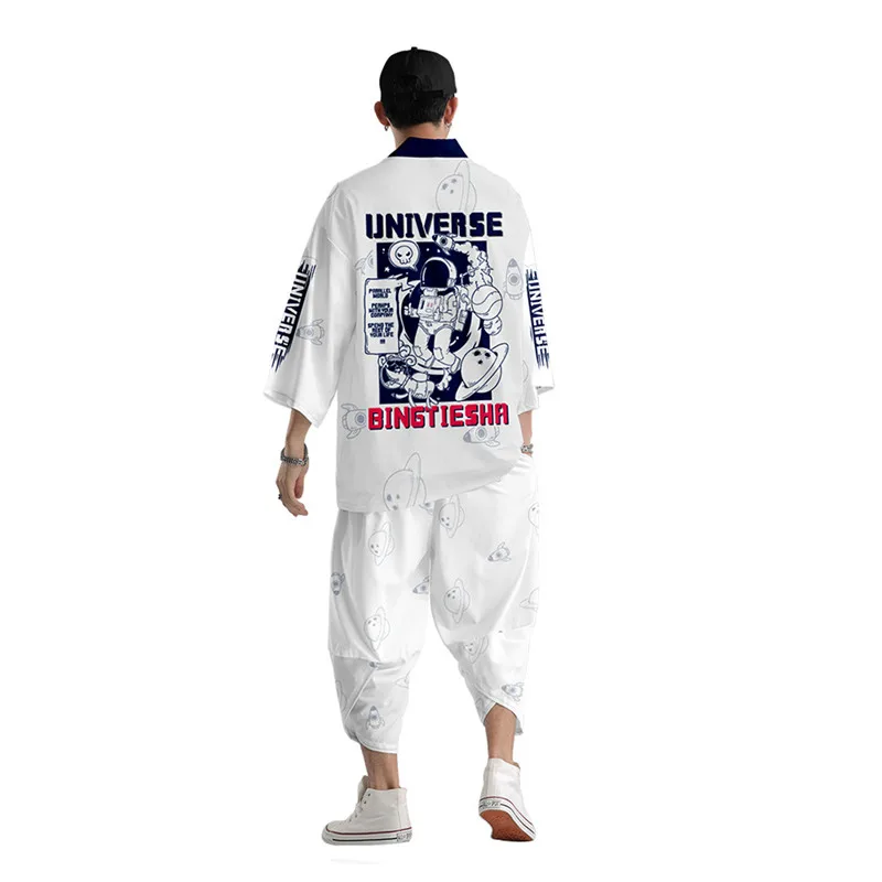 

Space Astronaut Printed Japanese Style Samurai Kimono Pants Suit Streetwear Men Women Cardigan Japan Harajuku Clothes