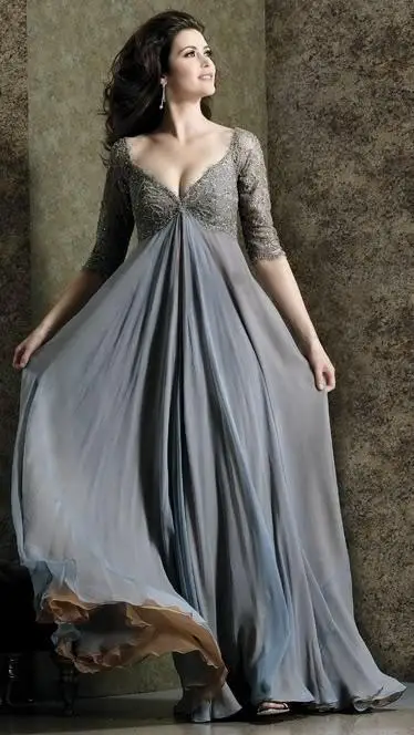 

v-neck custom made New gray champagne Color chiffon Stitching lace Fabric A-Line Hand Sewing half Sleeves with Evening Dresses