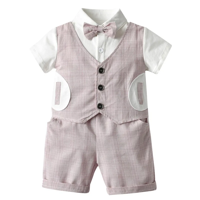 

2020 Fashion little gentleman summer plaid shirt baby boy Cotton children kids clothes baby party 6-36 Months [ shirts + pants ]