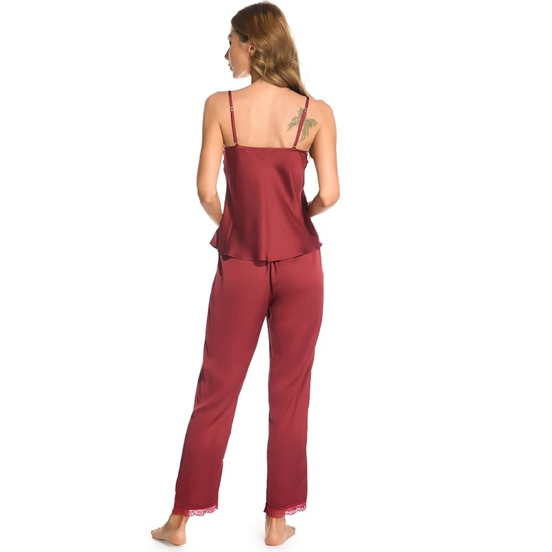 Ladies Spring And Summer High-End Ice Silk Sexy Suspender Nightdress Nine Minutes Pants Suit Lace V-Neck Soft Ladies Pajamas