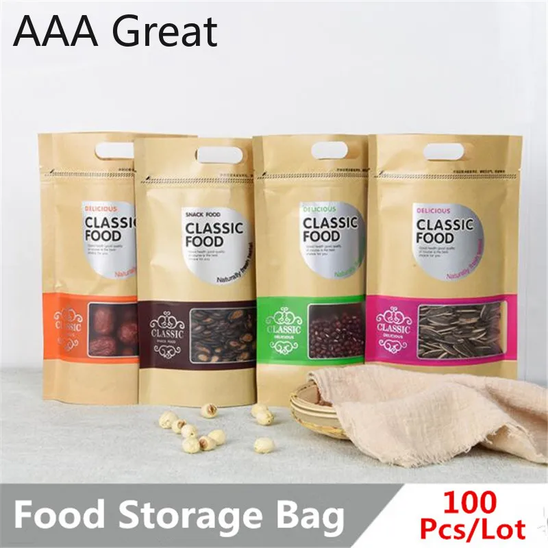 100Pcs/Lot Kraft Paper Self Sealing Bag Biscuit Self Supporting Packaging Dry Fruit Snack Nougat Gift Window Hangle Hole Pouches