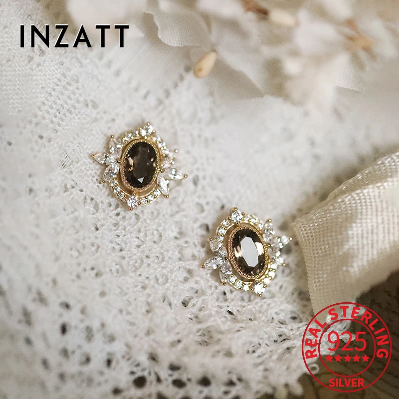 

INZATT Real 925 Sterling Silver Exquisite Zircon 14K Gold Stud Earrings For Women Cute Fine Jewelry Accessories Drop Shipping