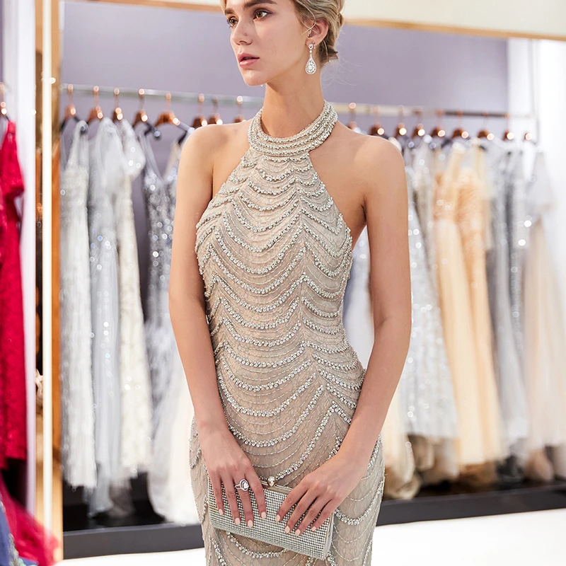

Sexy Backless Evening Dress Women Luxury Crystal Beaded Lace Long Party Elegant Prom Gowns Floor-Length Evening Dresses
