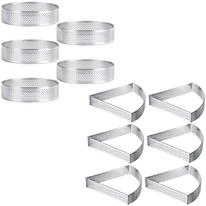 

11Pcs Stainless Steel Round Tart Ring Bundle with Fan Shaped Perforated Tart Rings Cake Mousse Ring Mold for Baking Tool