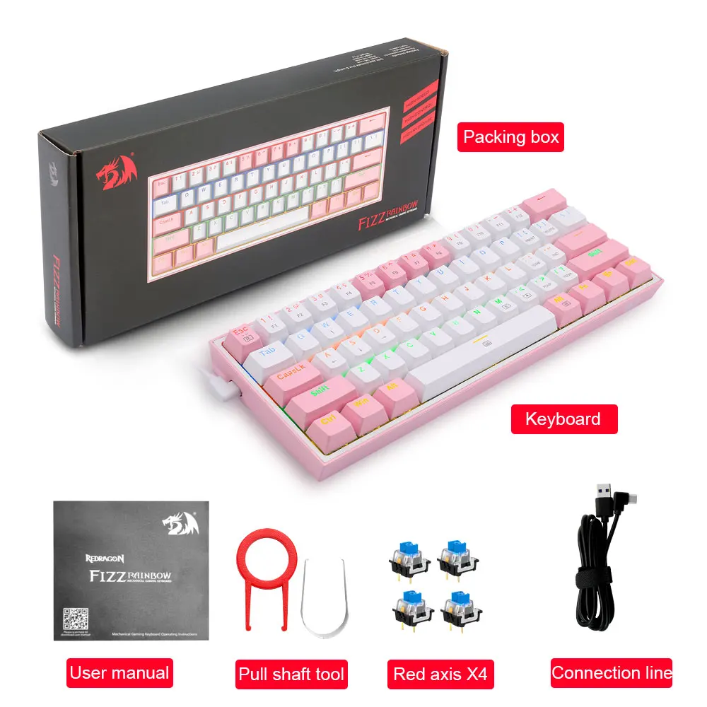 Механическая игровая мини-клавиатура REDRAGON Fizz K617 с радужным USB-разъемом и голубым