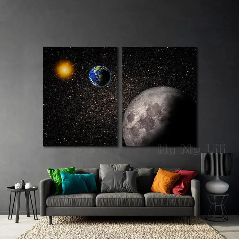 

Sun Planet Earth Space Moon Canvas Night Wall Art Black Fantasy Decor Print