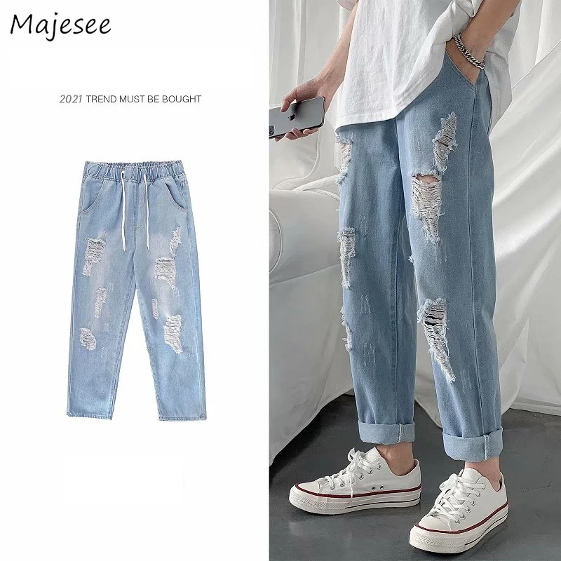 

Jeans Men Straight Blue Summer Casual Hole Ripped Streetwear Hip Hop Korean Style Trousers Male Elastic Waist Plus Size S-5XL