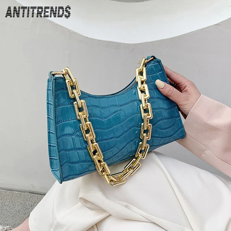 

Модная тисненая сумка с крокодиловым узором, новая текстурная цепочка, лаковая сумка на плечо на молнии, простые маленькие квадратные сумки...