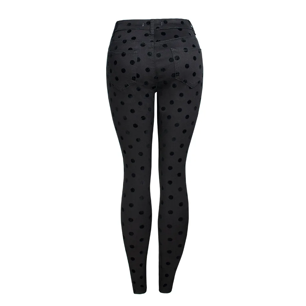 

Jeans women's pure black Leggings new flocking wave point mid waist slim jeans