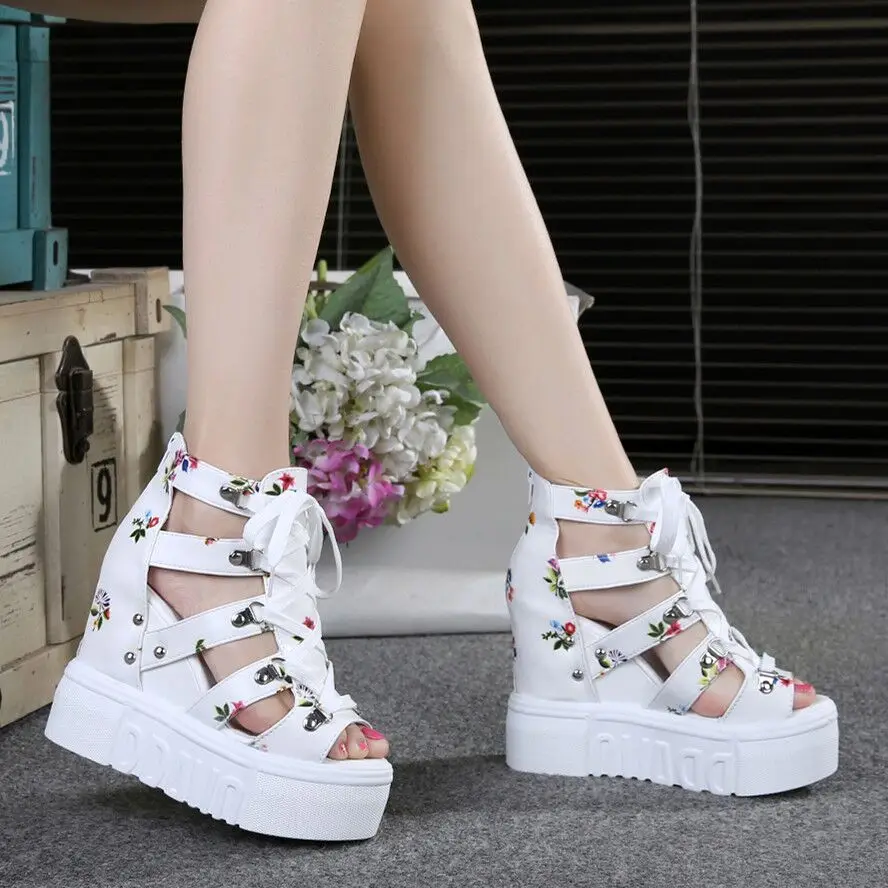 

Spring/Summer Fish Mouth Inner Heel Slope Heel Trifle Thick-soled All-match Sandals Floral Student Women's Shoes X806