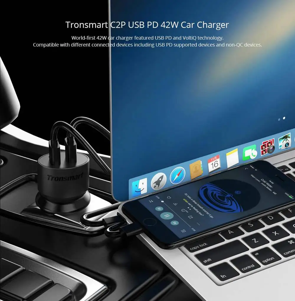 Tronsmart C2P изготовления 42вт USB-C 2-Порты и разъёмы автомобиля Зарядное устройство с Мощность доставки для Google Pixel/Pixel XL/MacBoo/iPad Pro