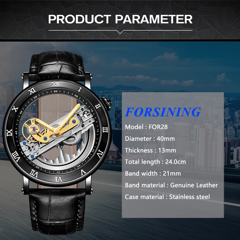 Forsining Double Side Transparent Automatic Men Watch Top Brand Luxury Skeleton Black Leather Wristwatch Relogio Masculino | Наручные
