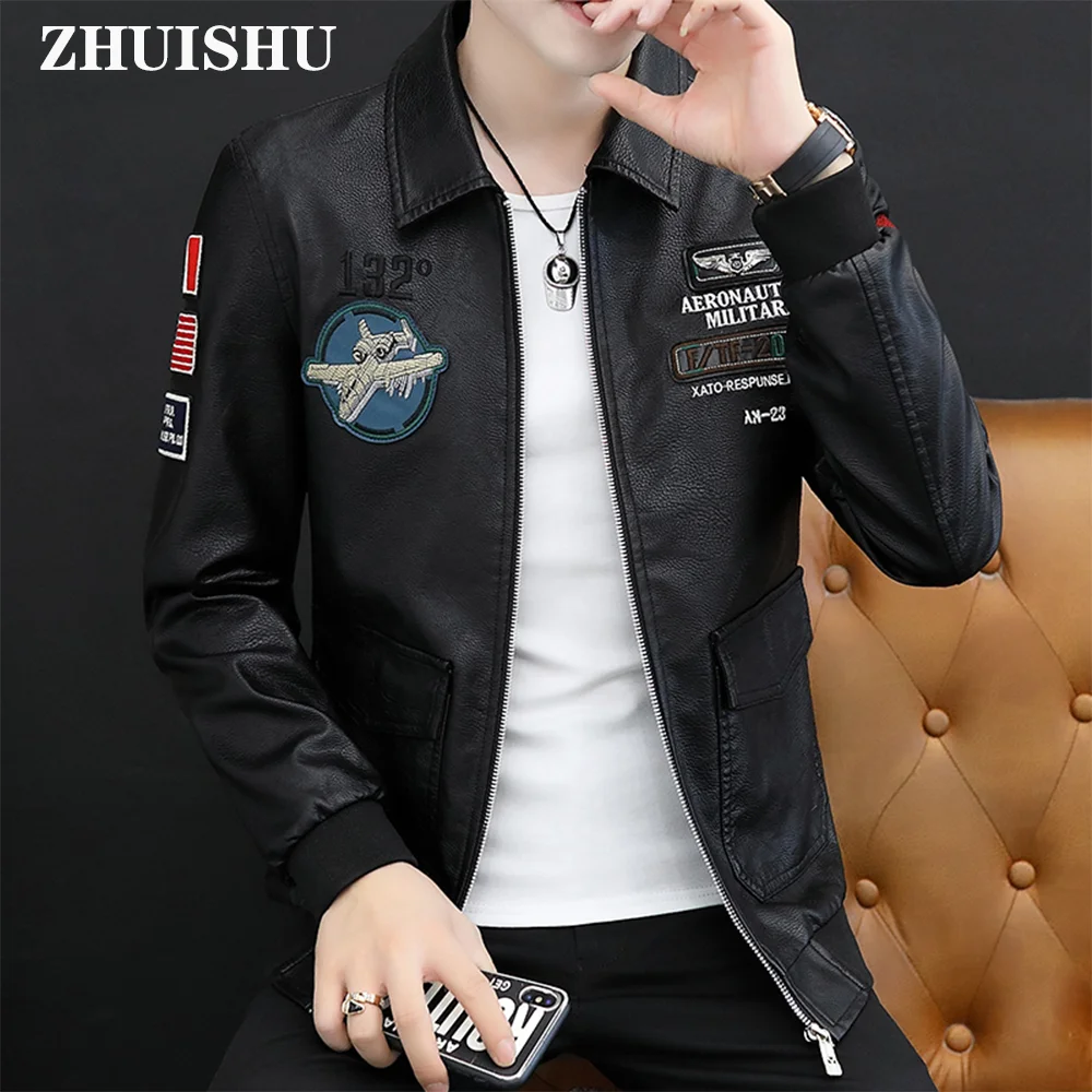 

New Leather Jacket Korean Style Male Casual Embroidery Streetwear Letter Aviator Pattern Clothes Buttons Mens Bomber Zipper Coat
