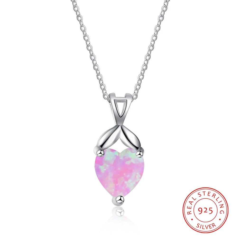 

Created Pink Opal Stone Necklace 925 Sterling Silver Cute Heart Shape Necklace for Women Statement Wedding Jewelry Girl Gifts