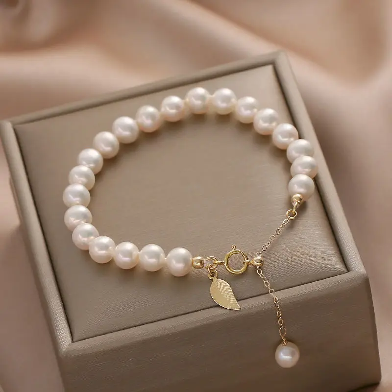 

2021 new freshwater pearl bracelet gold branch jade leaf natural pearl bracelet ins niche design jewelry