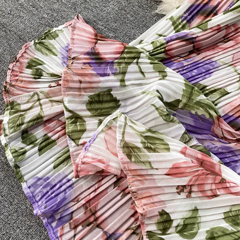 

O Neck Pleated Long Sleeve Dress Women High Waist Hip A Line Draped Vestidos Holiday Bohemian Print Robe Spring Pullover