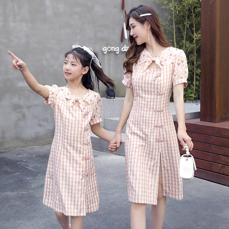 

WLG Matching Family Outfits Mommy and Daughter Matching Clothes Summer Pink Plaid Chinese Style Short Sleeve Dresses