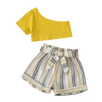 kids baby girls summer asymmetry sleeve tops vest striped belt short pants toddler children fashion thin clothes set 2pca 18m 6y