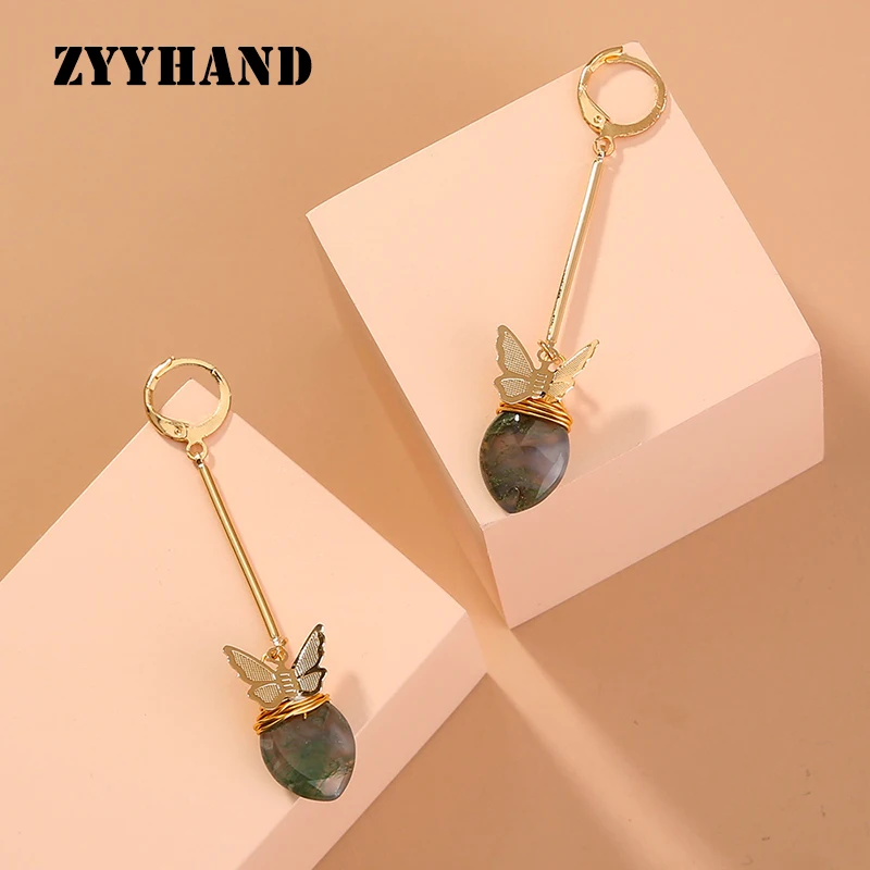 Серьги подвески золотого цвета с натуральным камнем женские ювелирные украшения