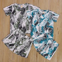 opperiaya 2pc kids casual set baby boys leaf print round neck short sleeve t shirt short pants for summer green blue 0 3 years