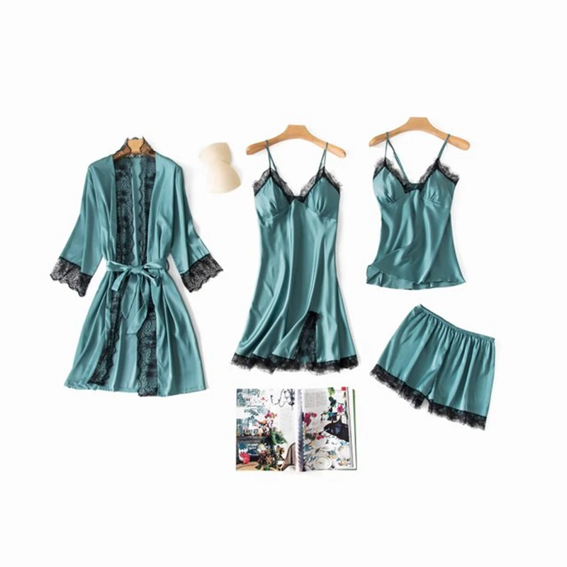 

Home wear ladies suit pajamas women four-piece Korean sexy lace pajamas strap shorts new arrival Sleepwear robe feminino 2020